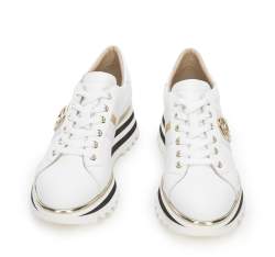 Damskie sneakersy skórzane z klamrą na platformie w pasy, biały, 94-D-111-0-39_5, Zdjęcie 1
