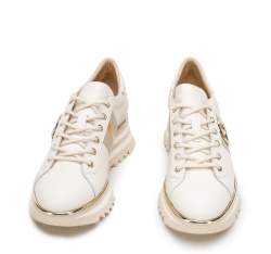 Damskie sneakersy skórzane z klamrą na platformie w pasy, kremowy, 94-D-112-0-37_5, Zdjęcie 1