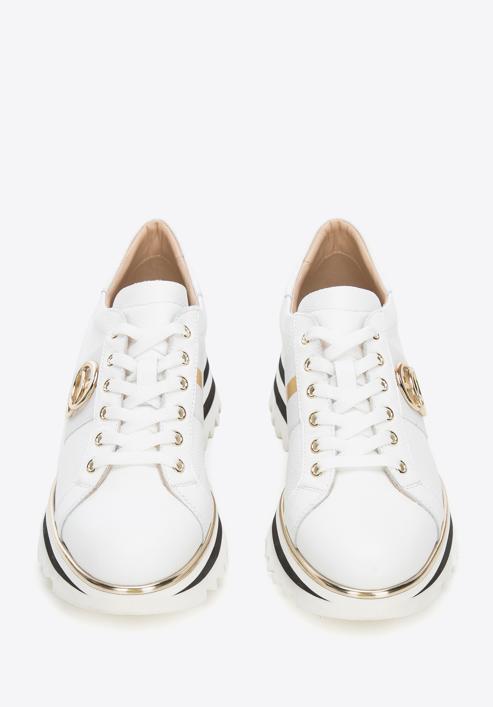 Damskie sneakersy skórzane z klamrą na platformie w pasy, biały, 94-D-111-0-37, Zdjęcie 3