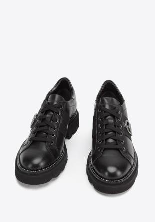 Women's leather lace up shoes with ring detail, black, 93-D-109-1-35, Photo 1