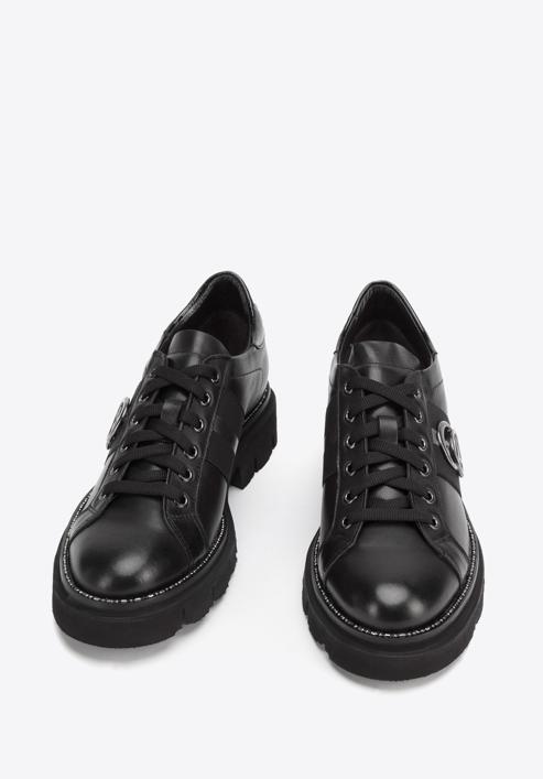 Women's leather lace up shoes with ring detail, black, 93-D-109-1-39, Photo 2