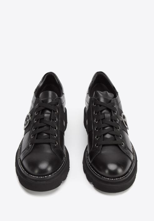 Women's leather lace up shoes with ring detail, black, 93-D-109-1-38, Photo 3