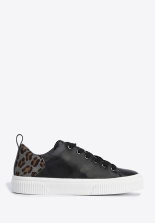 Women's leather trainers with a leopard print, black, 95-D-952-1-40, Photo 1