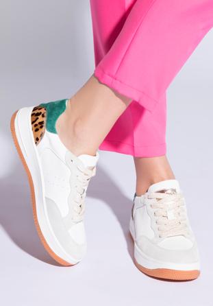 Women's leather fashion trainers with animal detail, white-green, 96-D-964-0Z-37, Photo 1