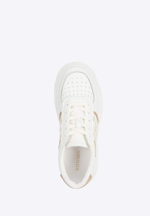 Damskie sneakersy skórzane ze wstawkami w kratkę, biało-beżowy, 95-D-951-0-37, Zdjęcie 5