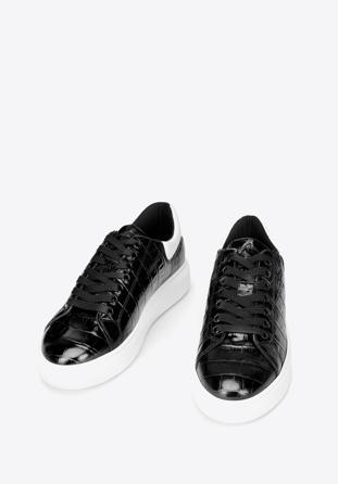 Damskie sneakersy z lakierowanej skóry o krokodylej fakturze, czarno-biały, 93-D-300-1W-38, Zdjęcie 1