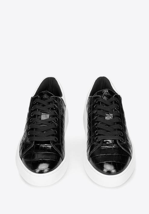 Damskie sneakersy z lakierowanej skóry o krokodylej fakturze, czarno-biały, 93-D-300-1W-38, Zdjęcie 3