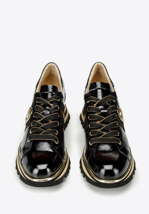 Damskie sneakersy z lakierowanej skóry z klamrą, czarny, 97-D-100-1-37, Zdjęcie 3