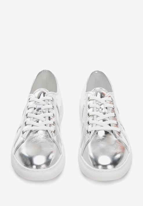 Damskie sneakersy z metalicznej skóry, srebrny, 94-D-954-S-37, Zdjęcie 3