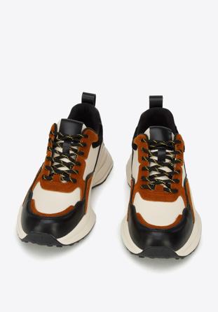 Damskie sneakersy z połyskującą wstawką, brązowo-kremowy, 96-D-952-5-39, Zdjęcie 1