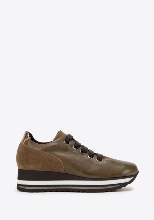 Leather fashion flatform trainers, khaki green, 93-D-652-1-40, Photo 1