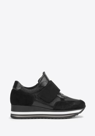 Damskie sneakersy zamszowe na rzep na platformie, czarny, 93-D-654-1-41, Zdjęcie 1