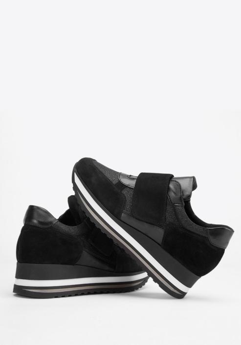 Damskie sneakersy zamszowe na rzep na platformie, czarny, 93-D-654-1-37, Zdjęcie 7