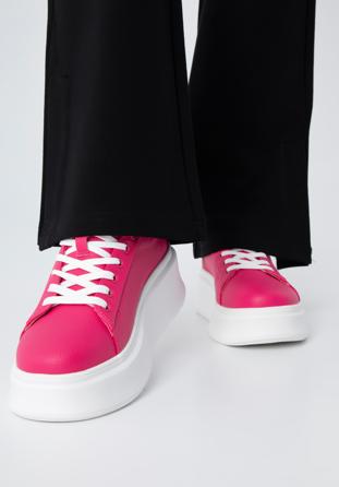 Damskie sneakersy ze skóry na grubej podeszwie klasyczne, różowy, 98-D-961-P-40, Zdjęcie 1