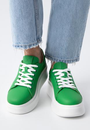 Damskie sneakersy ze skóry na grubej podeszwie klasyczne, zielony, 98-D-961-Z-36, Zdjęcie 1