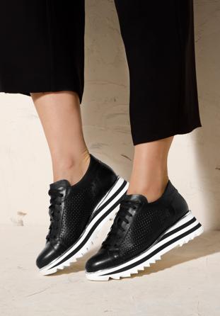 Leather fashion trainers with perforated upper, black-white, 92-D-104-1-39, Photo 1