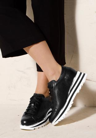 Damskie sneakersy ze skóry perforowanej czarno-białe