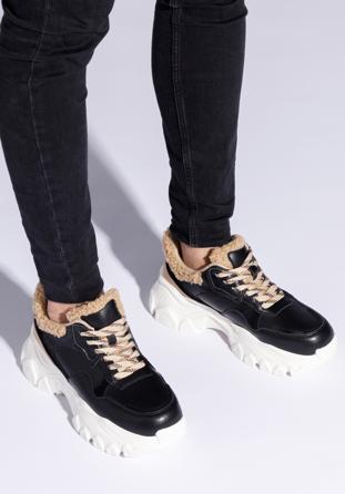 Damskie sneakersy ze sztucznym futrem, czarno-beżowy, 96-D-953-1-39, Zdjęcie 1