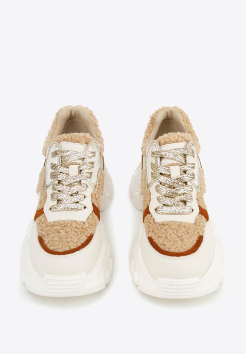 Women's trainers with faux fur detail, white-beige, 96-D-953-9-40, Photo 2