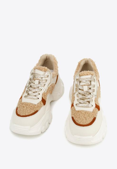 Women's trainers with faux fur detail, white-beige, 96-D-953-9-39, Photo 3