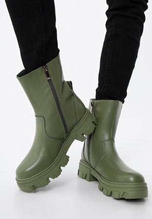 Leather platform ankle boots, green, 97-D-858-Z-35, Photo 1
