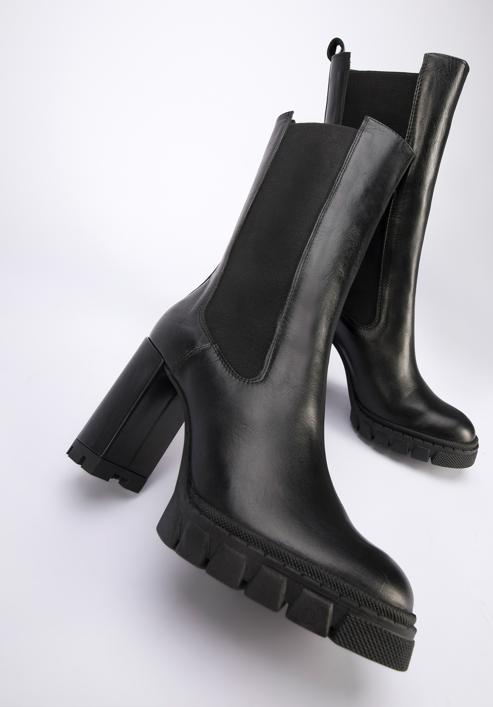 Leather high block heel boots, black, 95-D-802-1-39, Photo 7
