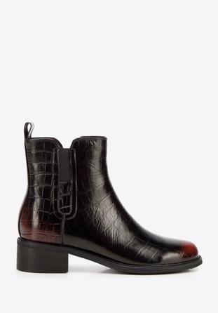 Croc-embossed leather ankle boots, black-burgundy, 93-D-506-3-35, Photo 1