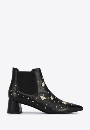 Leather ankle boots with beaded gold insects, black-gold, 95-D-504-1G-40, Photo 1