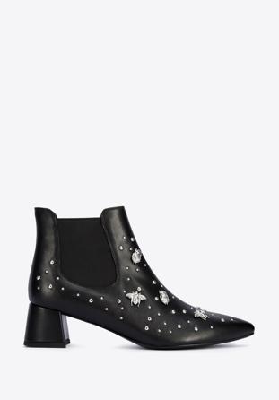 Leather ankle boots with beaded gold insects, black-silver, 95-D-504-1S-38, Photo 1