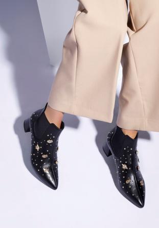 Leather ankle boots with beaded gold insects, black-gold, 95-D-504-1G-35, Photo 1