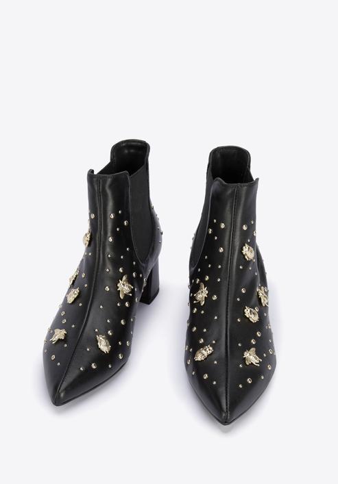 Leather ankle boots with beaded gold insects, black-gold, 95-D-504-1S-38, Photo 2