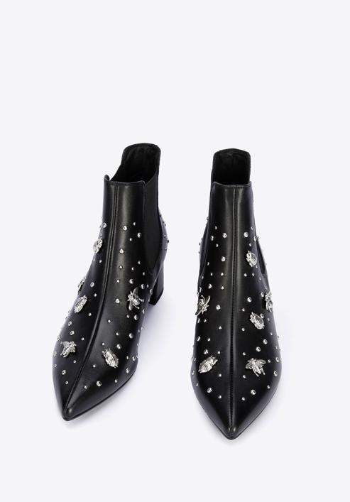 Leather ankle boots with beaded gold insects, black-silver, 95-D-504-1S-36, Photo 2