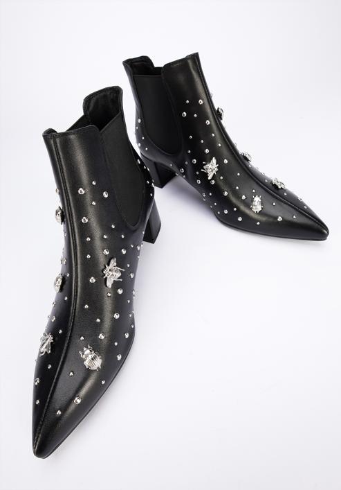 Leather ankle boots with beaded gold insects, black-silver, 95-D-504-1S-36, Photo 8