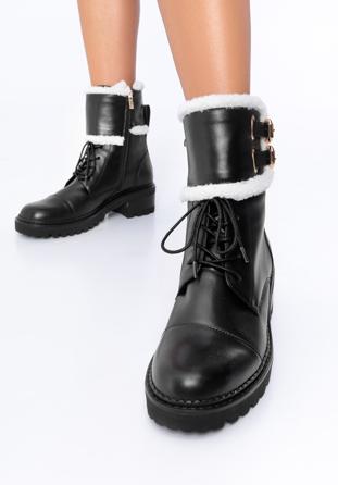Women's faux fur-trim leather combat boots, black, 97-D-519-1-35, Photo 1