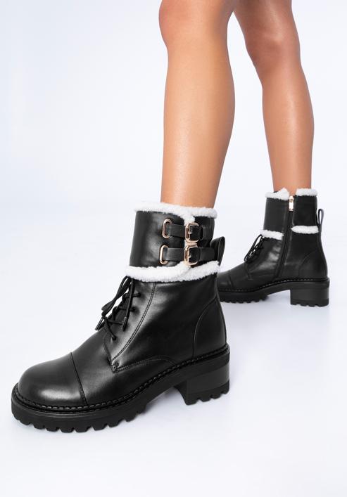 Women's faux fur-trim leather combat boots, black, 97-D-519-1-36, Photo 16
