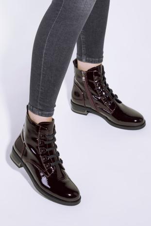 Women's patent leather lace up boots, burgundy, 95-D-523-3-35, Photo 1