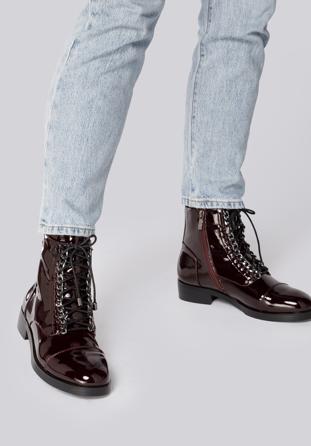 Patent leather lace up boots, burgundy, 93-D-955-3-40, Photo 1