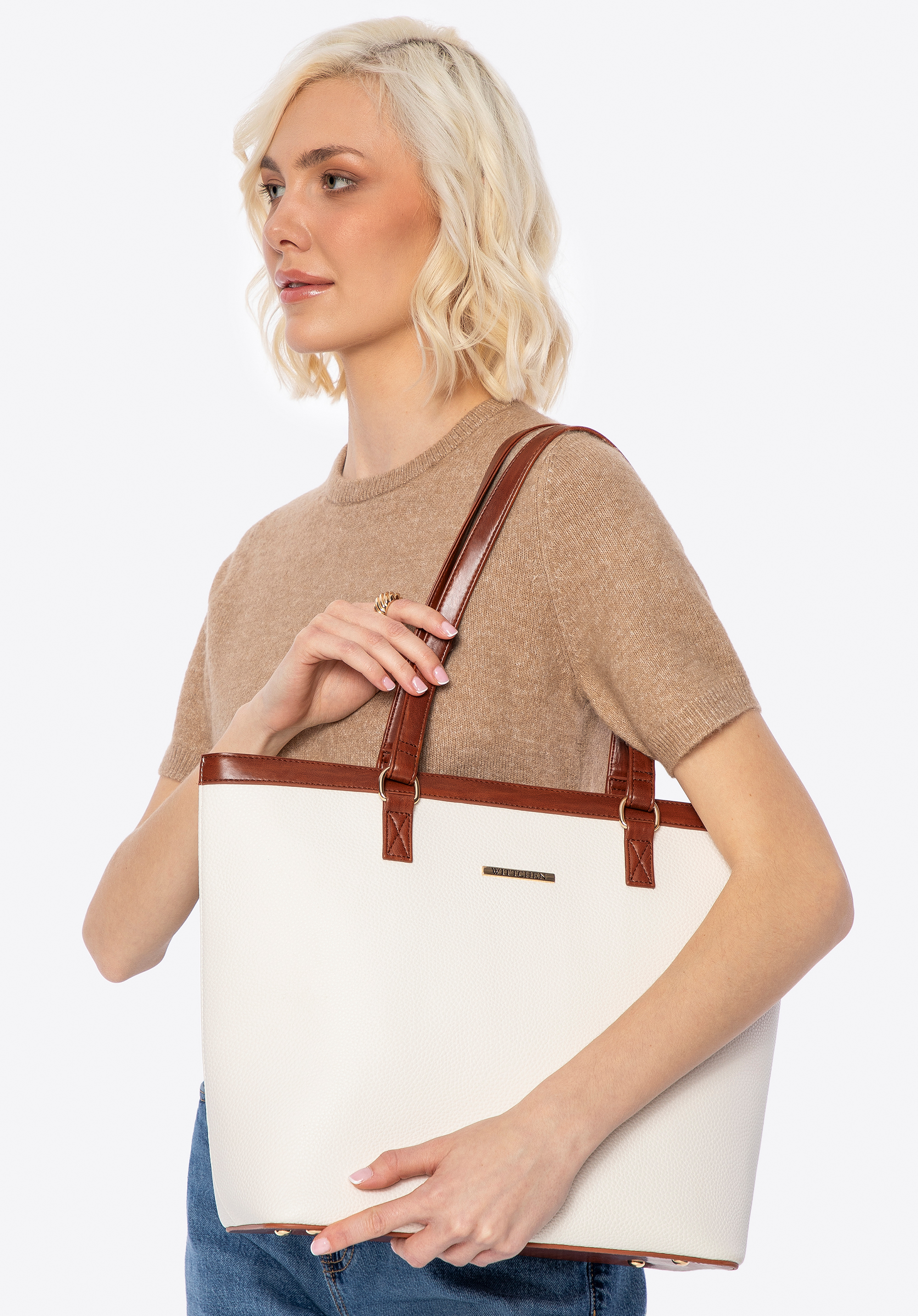 Women's large faux leather shopper bag, white-brown, 100-4Y-006-0, Photo 1