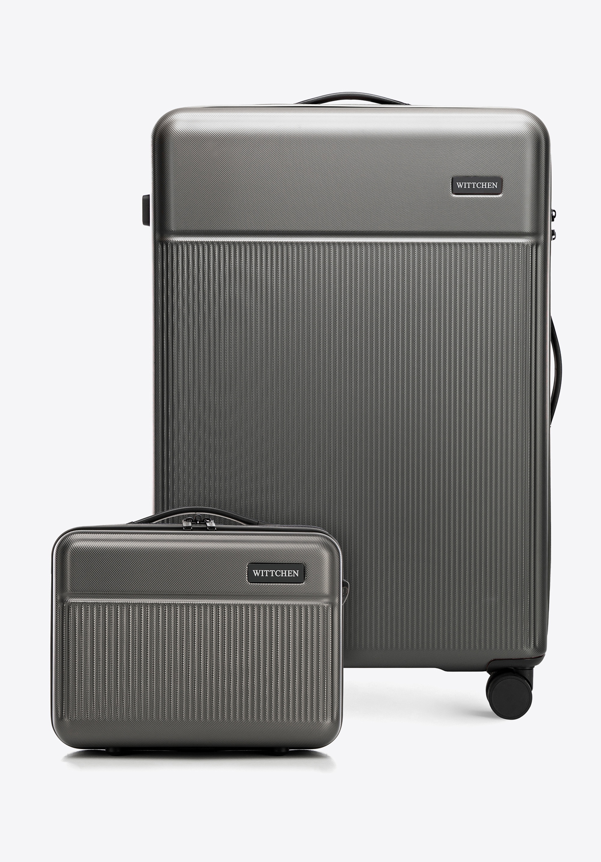 Duża walizka i kosmetyczka z ABS-u z pionowymi paskami, szary, 56-3A-803-01K, Zdjęcie 1