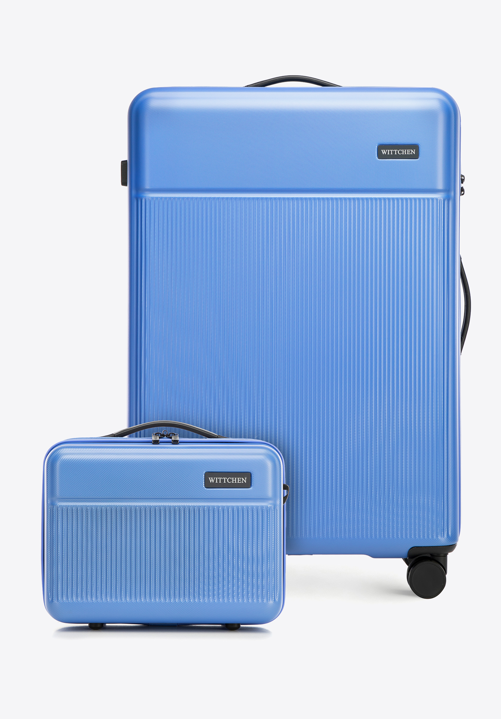 Duża walizka i kosmetyczka z ABS-u z pionowymi paskami niebieskie