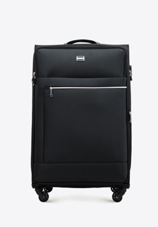 Duża walizka miękka z błyszczącym suwakiem z przodu, czarny, 56-3S-853-10, Zdjęcie 1