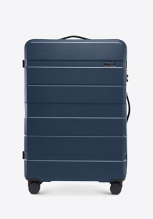 Duża walizka z ABS-u w poziome pasy, granatowy, 56-3A-103-90, Zdjęcie 1