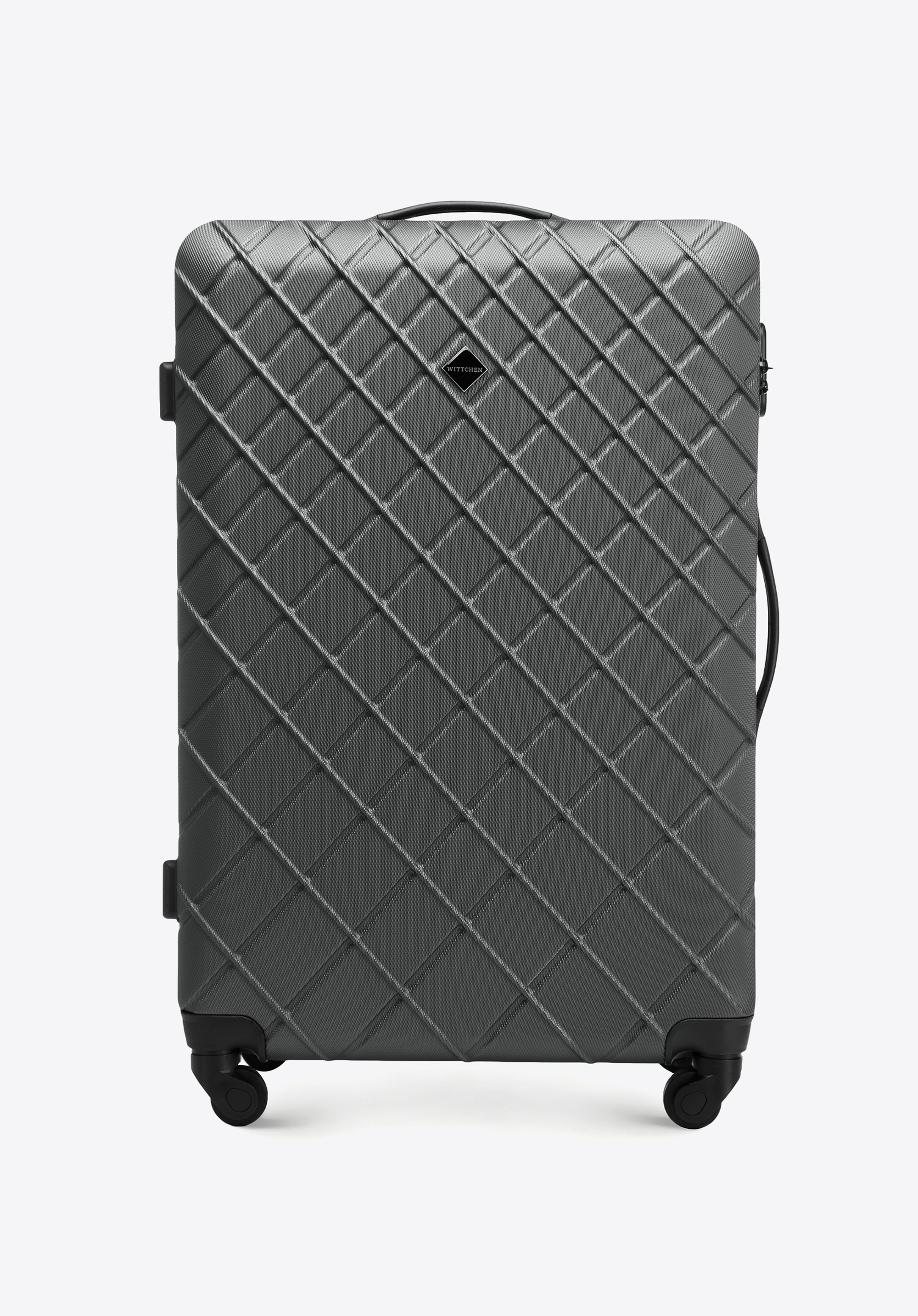 Duża walizka z ABS-u w ukośną kratkę, stalowo-czarny, 56-3A-553-11, Zdjęcie 1