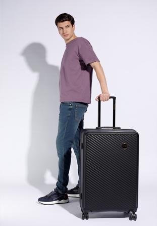 Duża walizka z ABS-u w ukośne paseczki, czarny, 56-3A-743-10, Zdjęcie 1