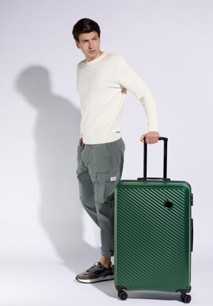Duża walizka z ABS-u w ukośne paseczki, ciemny zielony, 56-3A-743-85, Zdjęcie 1