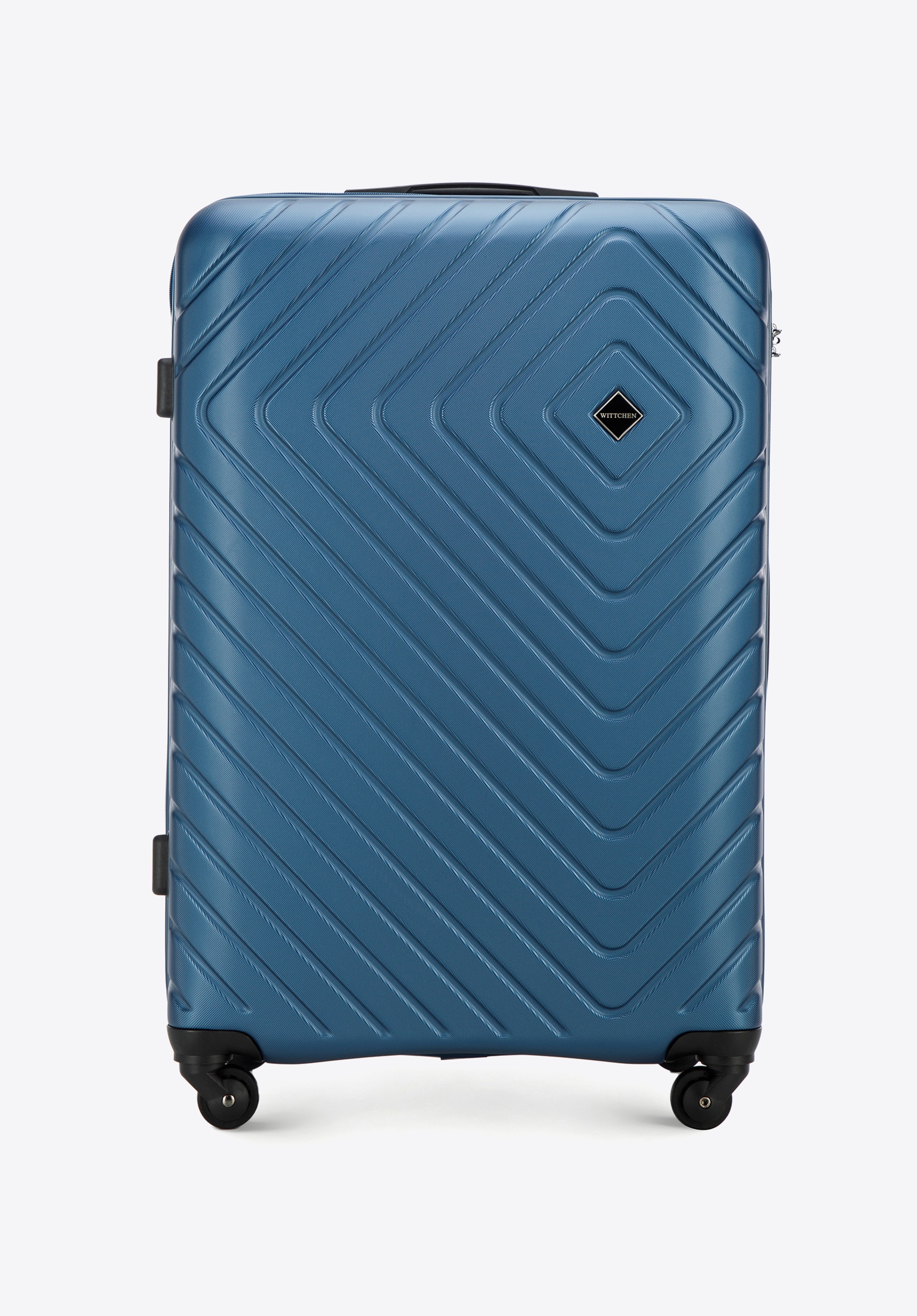 Duża walizka z ABS-u z geometrycznym tłoczeniem, ciemnoniebieski, 56-3A-753-91, Zdjęcie 1