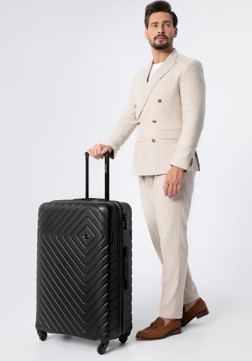 Duża walizka z ABS-u z geometrycznym tłoczeniem, czarny, 56-3A-753-25, Zdjęcie 15