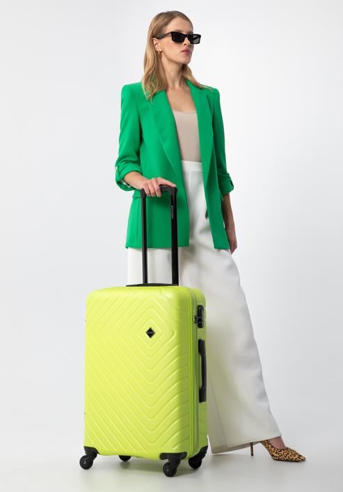 Duża walizka z ABS-u z geometrycznym tłoczeniem, limonkowy, 56-3A-753-35, Zdjęcie 15