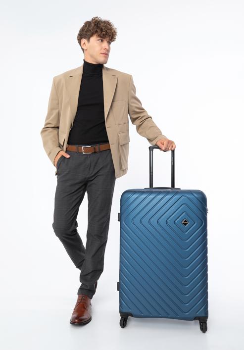 Duża walizka z ABS-u z geometrycznym tłoczeniem, ciemnoniebieski, 56-3A-753-35, Zdjęcie 15