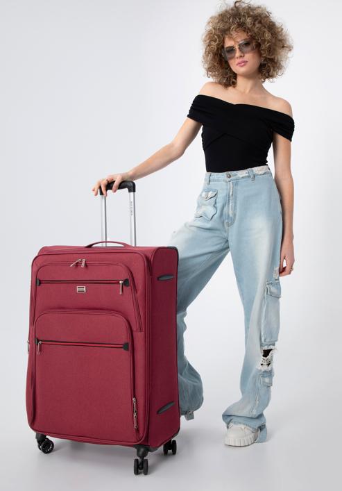 Duża walizka z kolorowym suwakiem, bordowy, 56-3S-503-91, Zdjęcie 15